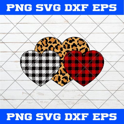 Three Hearts Leopard Buffalo Plaid Valentine’s day SVG PNG EPS DXF-Valentines Day SVG PNG