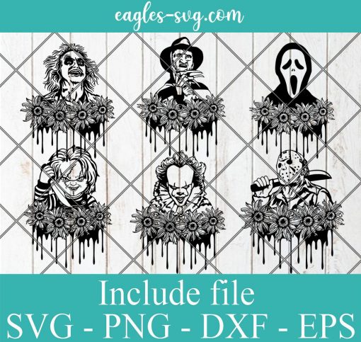 Horror Movie Characters Sunflowers Svg bundle, scary movie svg bundle Png Dxf Cricut Silhouette