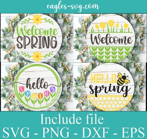 Spring Welcome Sign Svg Bundle, Round Door Hanger Svg Cricut File Silhouette, Png