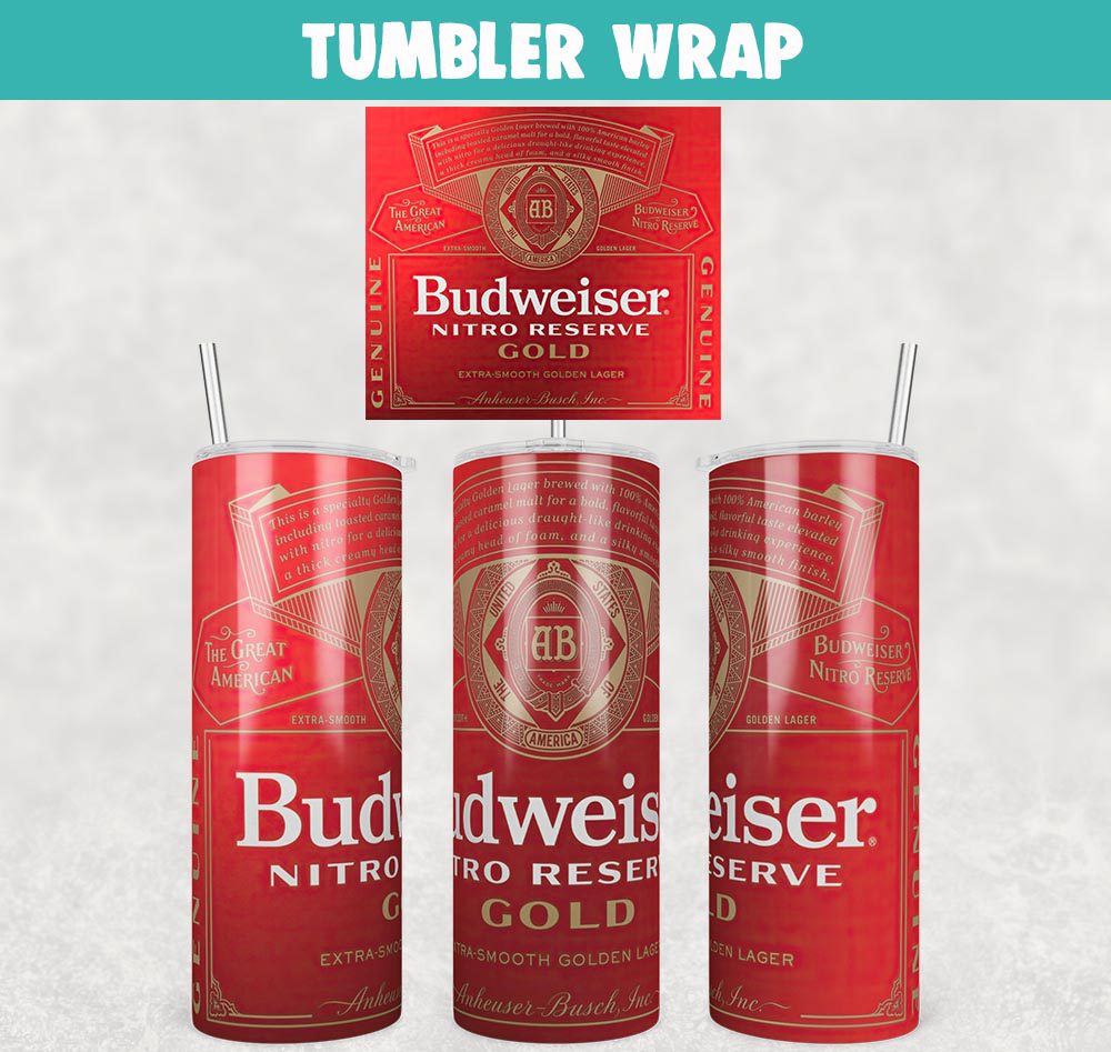Budweiser Nitro Reserve Gold Tumbler Wrap Templates 20oz Skinny PNG Sublimation Design, Label Beer Tumbler PNG