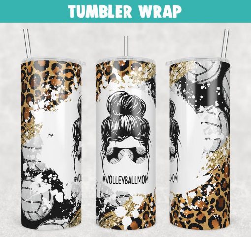 MESSY BUN VOLLEYBALL Leopard Tumbler Wrap Templates 20oz Skinny Sublimation Design, PNG File Digital Download