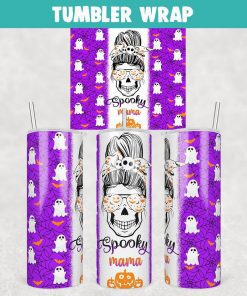 Spooky mama Skull Messy Bun Halloween Tumbler Wrap 20oz Skinny Sublimation Design, PNG File Digital Download