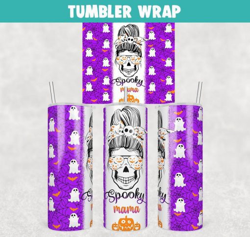 Spooky mama Skull Messy Bun Halloween Tumbler Wrap 20oz Skinny Sublimation Design, PNG File Digital Download