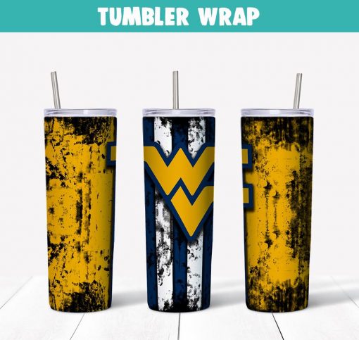 West Virginia University Mountaineers Grunge Tumbler Wrap Templates 20oz Skinny Sublimation Design, JPG Digital Download