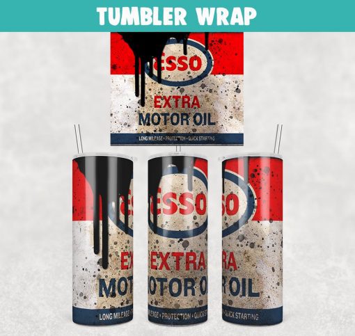 Esso Extra Motor Oil Grunge Tumbler Wrap Templates 20oz Skinny PNG Sublimation Design, Oil Filters Tumbler PNG