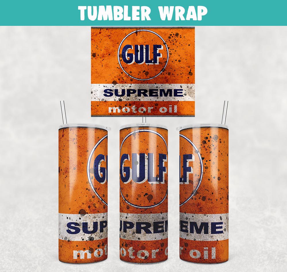 Gulf Supreme Motor Oil Vintage Tumbler Wrap Templates 20oz Skinny PNG Sublimation Design, Oil Filters Tumbler PNG