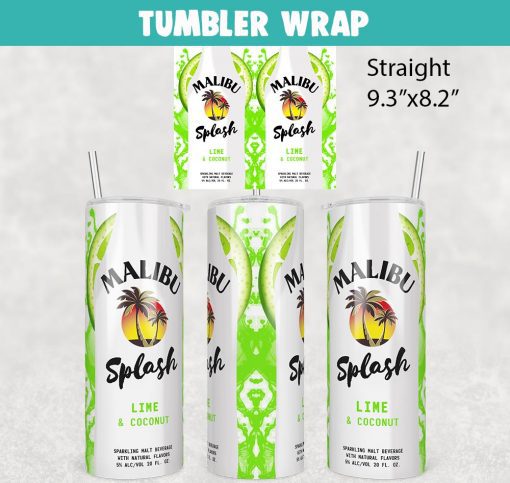 Malibu Splash Lime Coconut Tumbler Wrap Templates 20oz Skinny PNG Sublimation Design, Liquor Label Tumbler PNG