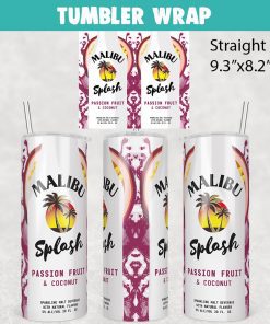 Malibu Splash Passion Fruit Coconut Tumbler Wrap Templates 20oz Skinny PNG Sublimation Design, Liquor Label Tumbler PNG