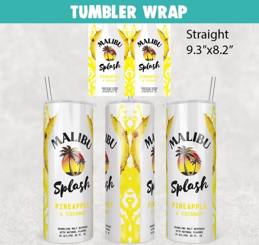 Malibu Splash Pineapple Coconut Tumbler Wrap Templates 20oz Skinny PNG Sublimation Design, Liquor Label Tumbler PNG