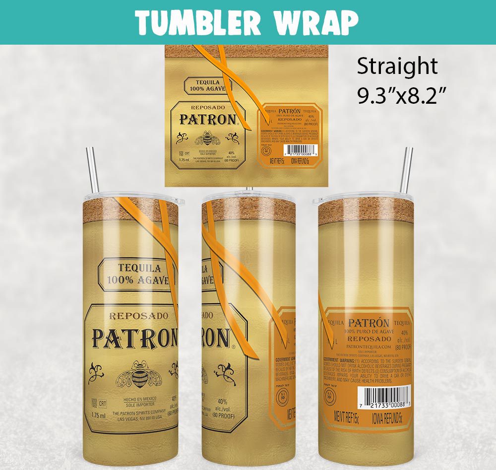Patron Reposado Tequila Tumbler Wrap Templates 20oz Skinny PNG Sublimation Design, Liquor Label Tumbler PNG