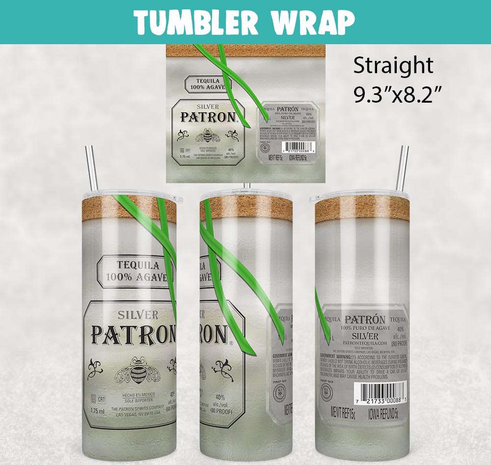 Patron Silver Tequila Tumbler Wrap Templates 20oz Skinny PNG Sublimation Design, Liquor Label Tumbler PNG