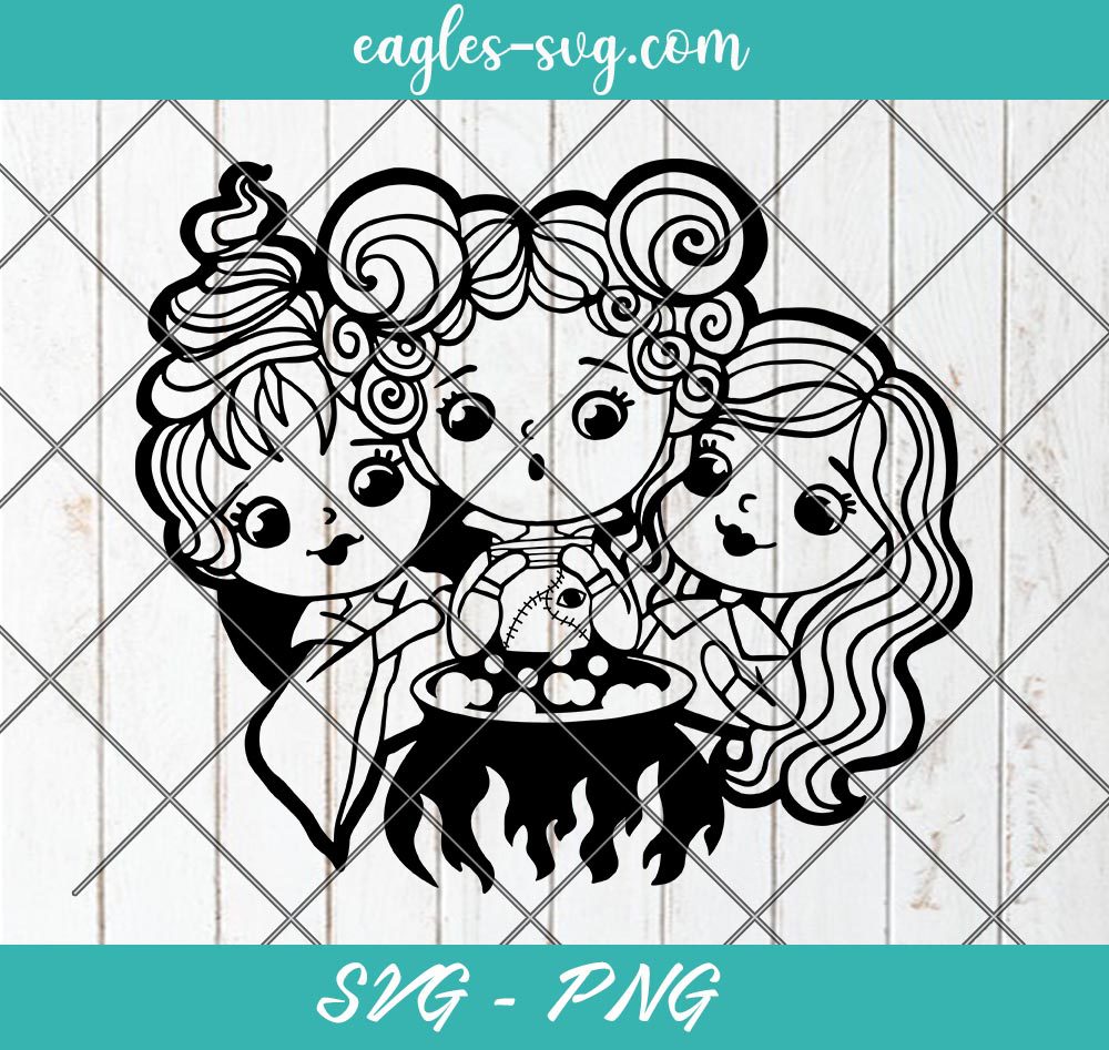 Hocus Pocus Cute Witches Chibi Girl Halloween Kids Svg, Cut Files for Cricut & Silhouette, Png