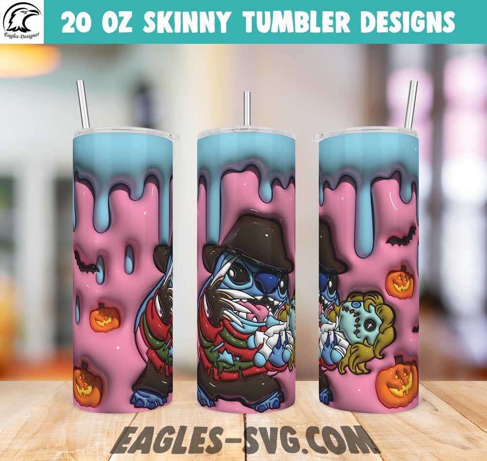 3D Puffy Freddy Krueger Stitch Tumbler Wrap Png, 3D Inflated Stitch Horror
