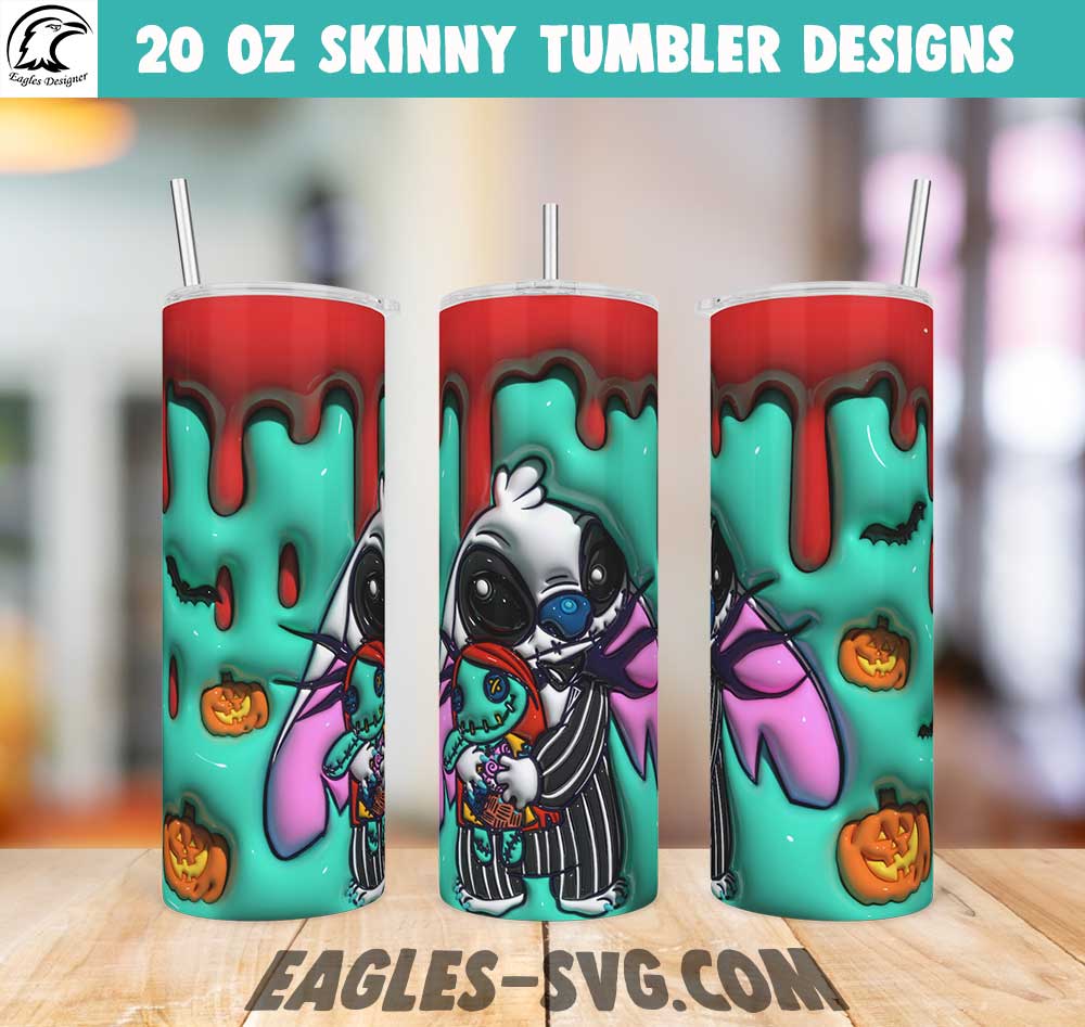 3D Puffy Jack Skellington Stitch Tumbler Wrap Png, 3D Inflated Stitch Horror, Inflated Halloween Tumbler PNG