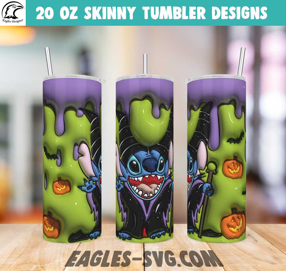 3D Puffy Maleficent Stitch Tumbler Wrap Png, 3D Inflated Stitch Villain, Inflated Halloween Tumbler PNG