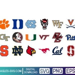 Grid of 18 ACC NCAA college logos. Download includes SVG, PNG, EPS.
