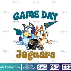 Bluey & Bingo cheering with a Jacksonville Jaguars flag and helmet – “Game Day Jaguars” text football SVG design for kids shirts and crafts.