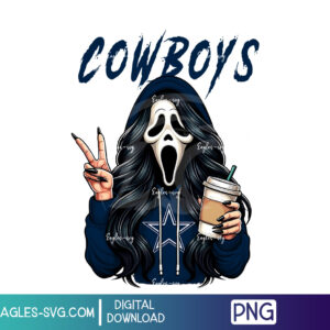 Ghostface girl wearing Dallas Cowboys hoodie, holding iced coffee and doing peace sign – spooky Halloween PNG clipart for NFL fans.