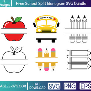 Six free school split monogram SVG designs featuring two apples, a school bus, and three pencil layouts for personalized Cricut crafts.