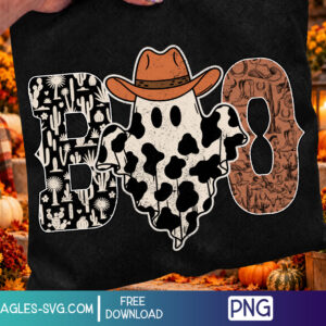 Boo western ghost PNG with cowboy hat, cow print, cactus and western patterns – free Halloween PNG download