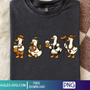Oktoberfest Silly Goose PNG with funny geese holding beer, pretzel and sausage in German festival outfits – free download