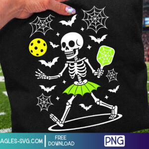 Pickleball Halloween Skeleton PNG with green paddle, pickleball, bats and spider webs – free download